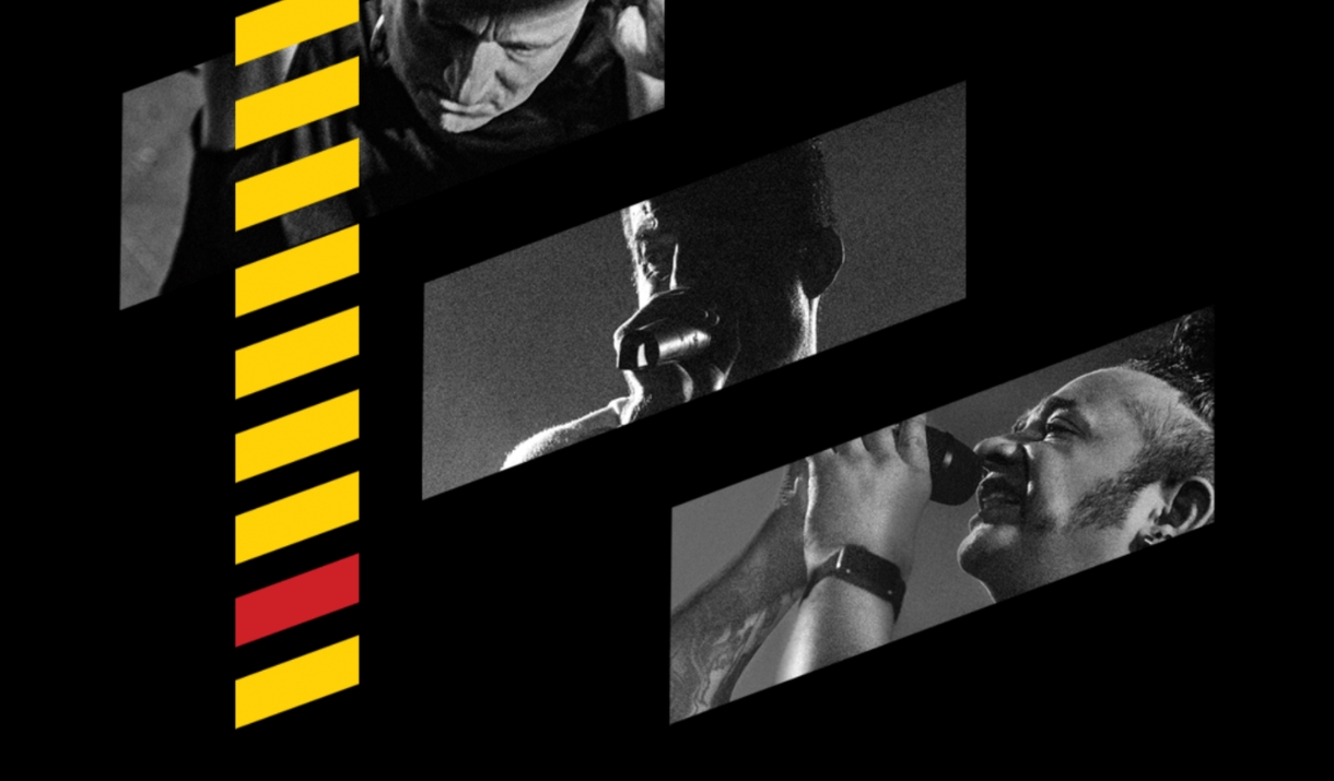 Black-and-white photos of musicians performing live, arranged in diagonal panels with bold yellow and red graphics stripes on a black background.