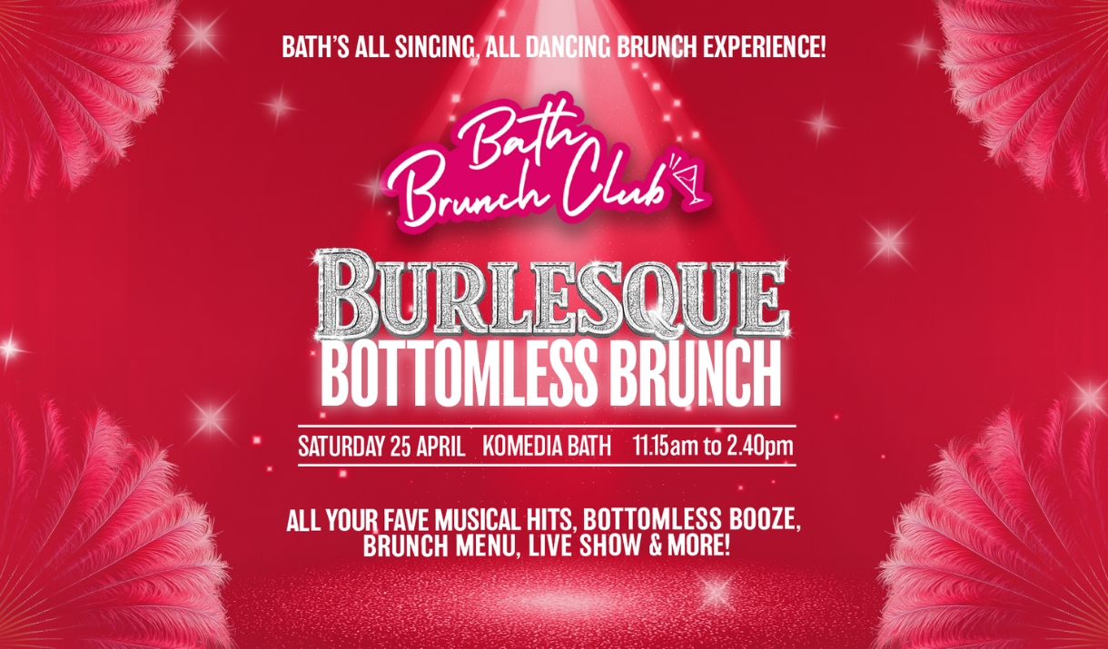 Red promotional poster for Bath Brunch Club's Burlesque Bottomless Brunch, with glittering text, feather details, and event information.