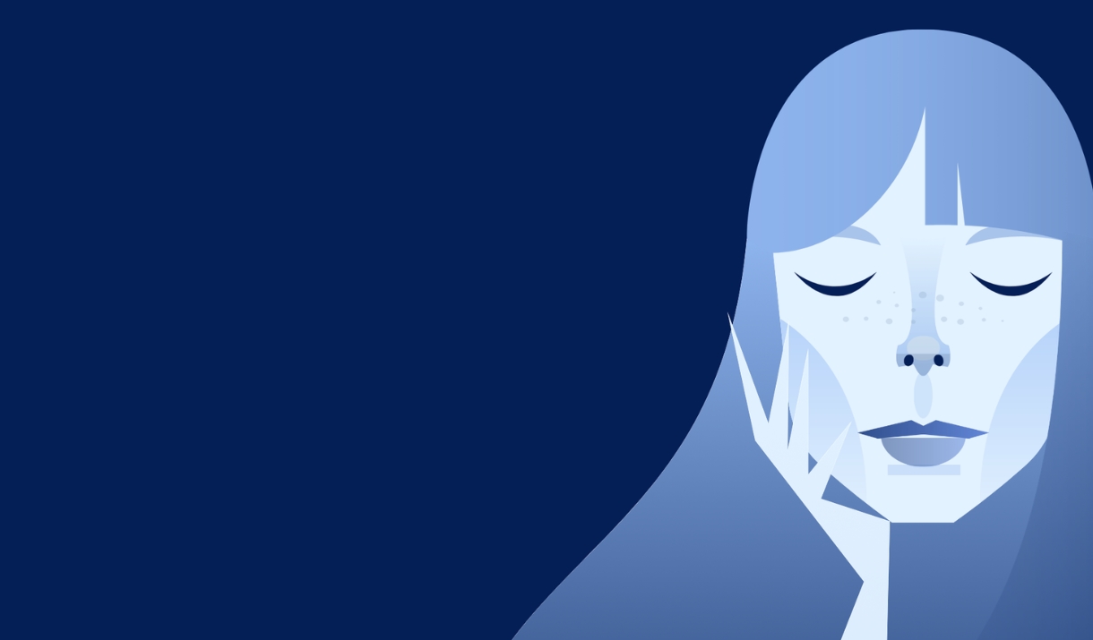 A minimalist illustration of a woman with closed eyes and blue hair against a deep navy background, rendered in cool blue tones.