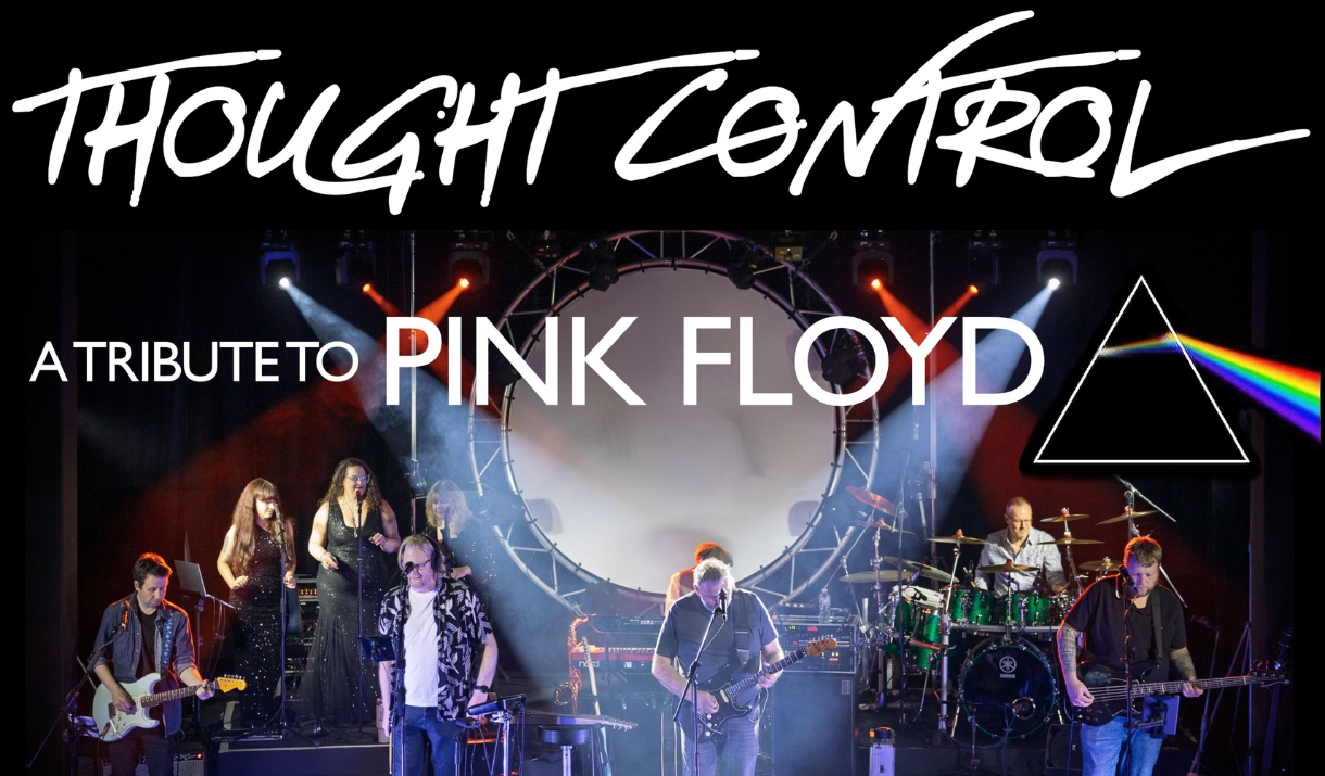 Live stage photo of Thought Control, a Pink Floyd tribute band, performing under dramatic lighting with a circular screen and prism imagery behind the