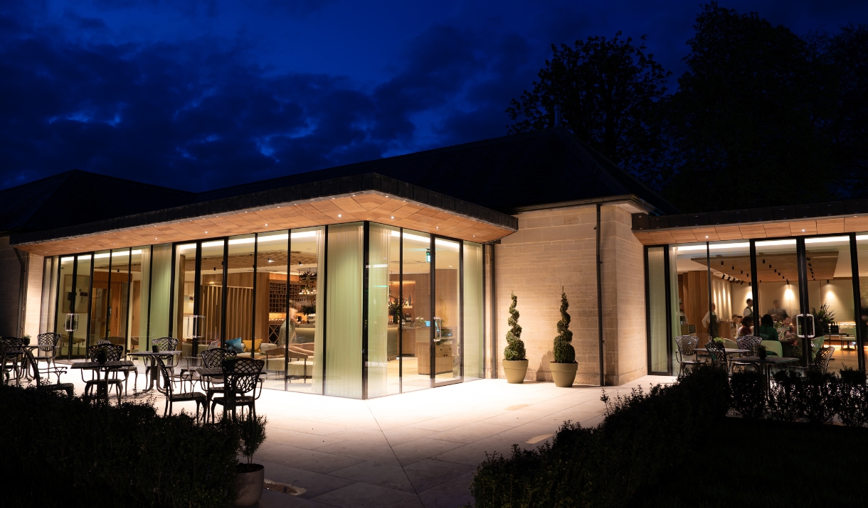 Exterior of the Walled Garden Restaurant at Lucknam Park by night