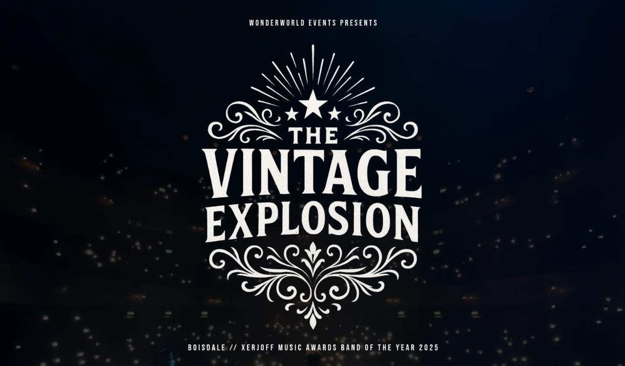 Dark promotional graphic for The Vintage Explosion, featuring ornate white typography, stars, and decorative flourishes against a dark music venue bac
