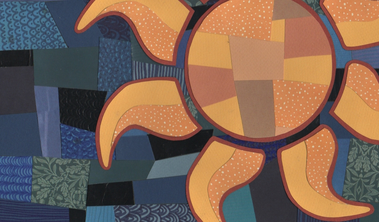 Abstract collage of an orange sun made from patterned paper on a blue patchwork background.