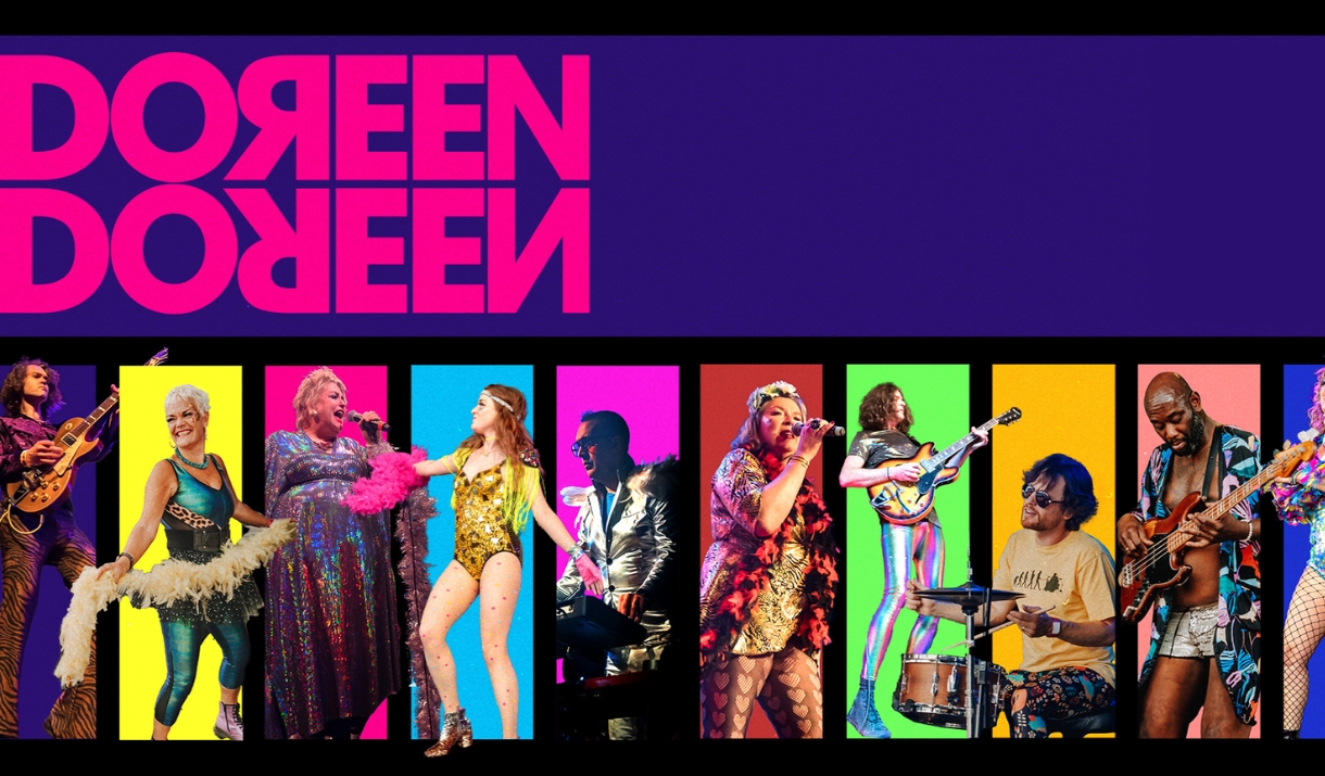 Doreen Doreen poster with bright pink title and colourful line-up of performers in vertical panels.