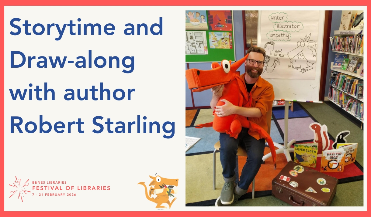 Draw Along & Storytime with Fergal  Author Rob Starling. Image of man with orange dragon puppet.