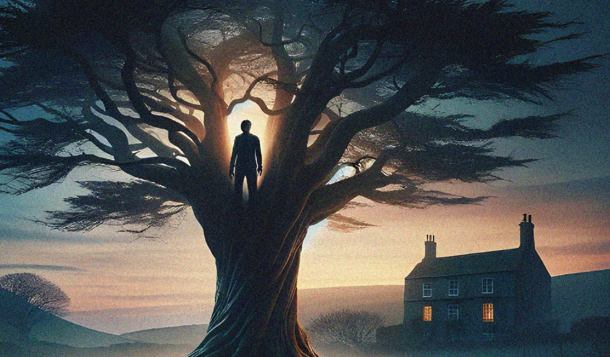 An atmospheric image of a figure in a tree and a house in the background.