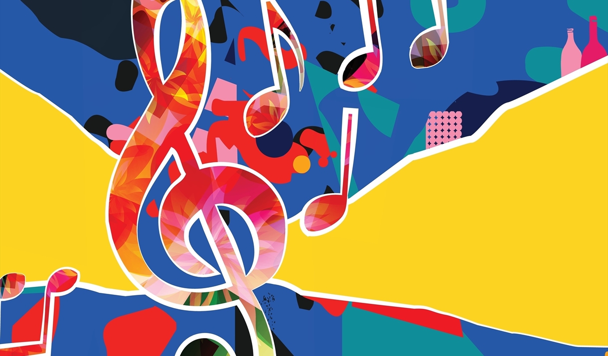 A selection of colourful musical notes on a blue and yellow background