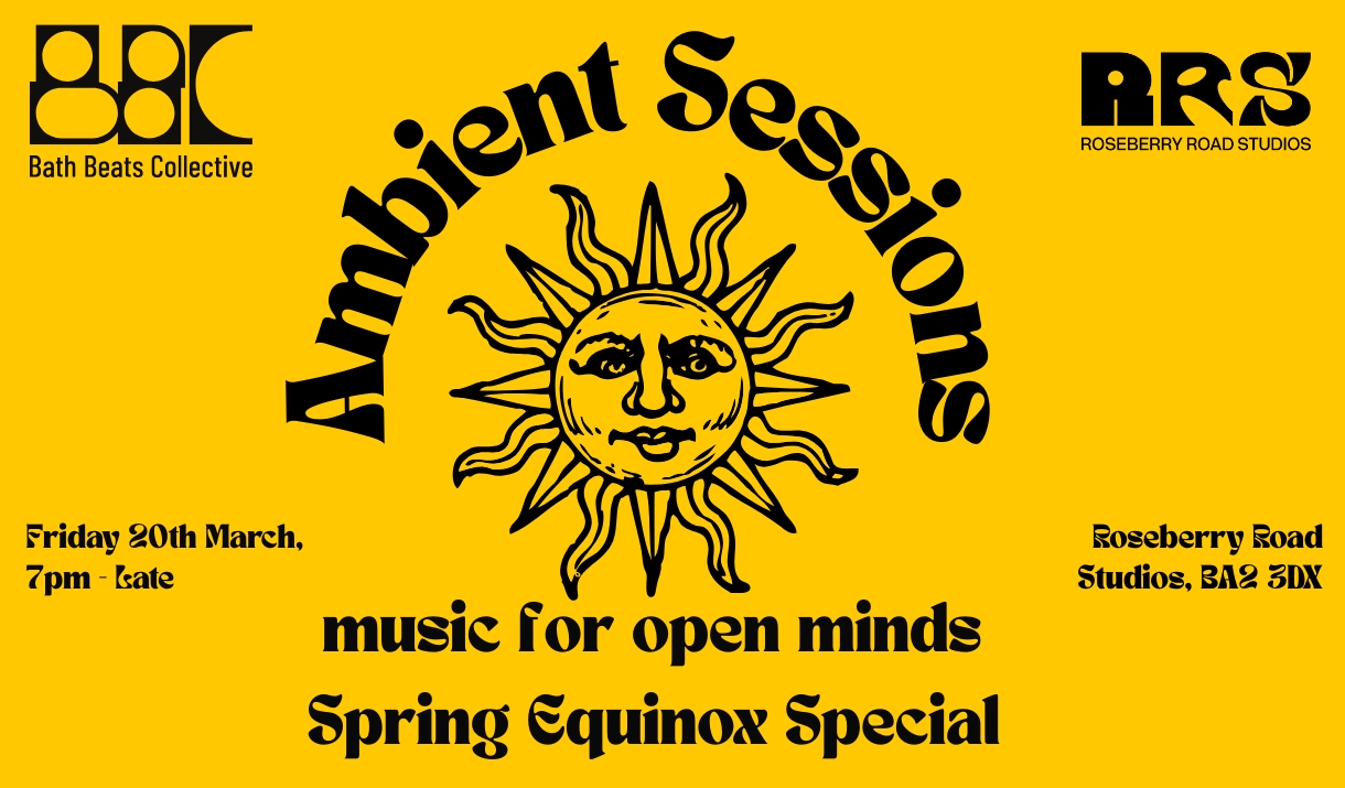 Yellow flyer with sun image with a face advertising an ambient music night