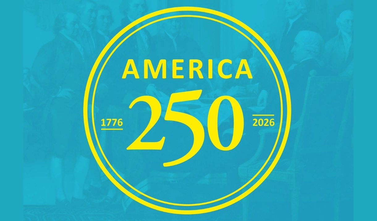 A poster advertising an 'America 250' exhibition at American Museum & Gardens