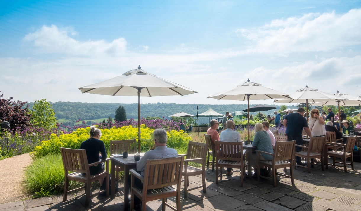 People sitting on the terrace at the American Museum & Gardens near Bath