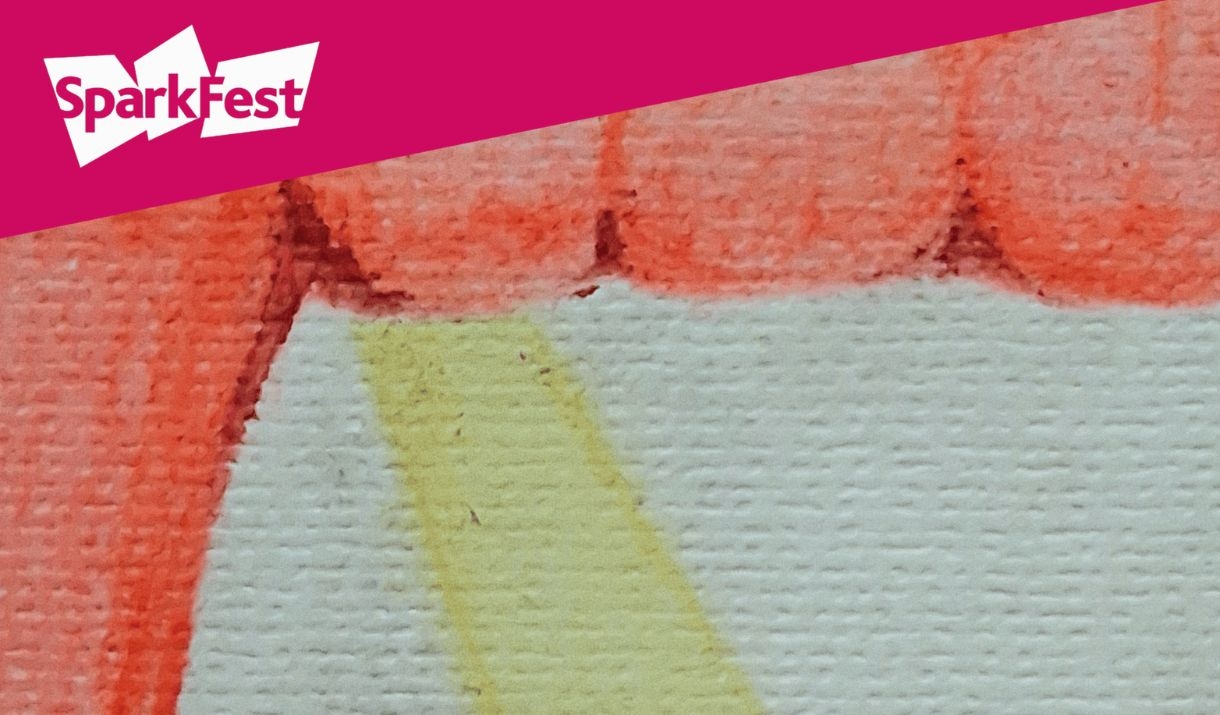 A water colour style image of a theatre, with red curtains and a singular yellow spot light gleaming down. The speakfest logo in the corner