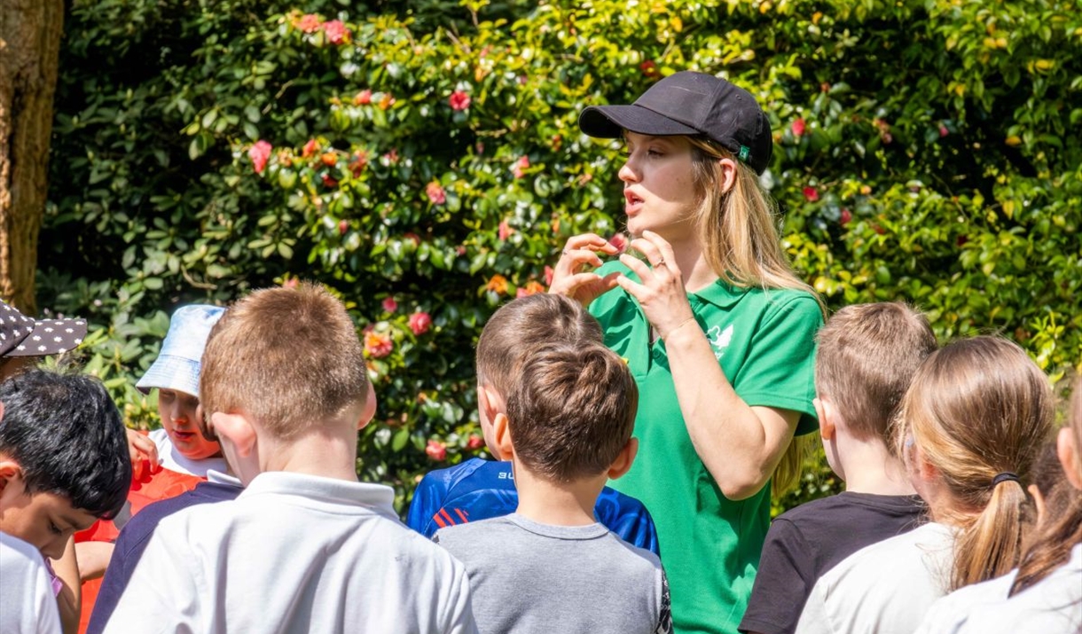 children gathered listening to guided walk leader