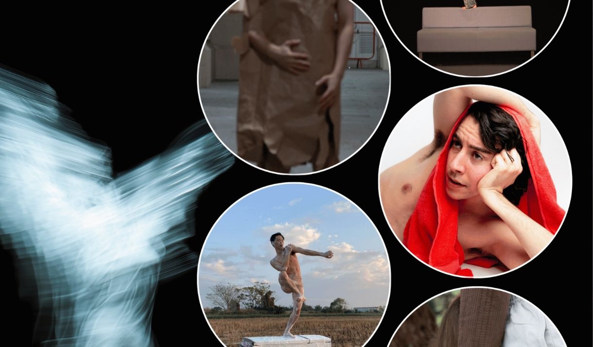 Seven various loud images are in a bubbles against a black backdrop with a figure moving, all of the images vibrantly represent some form of dance. Th