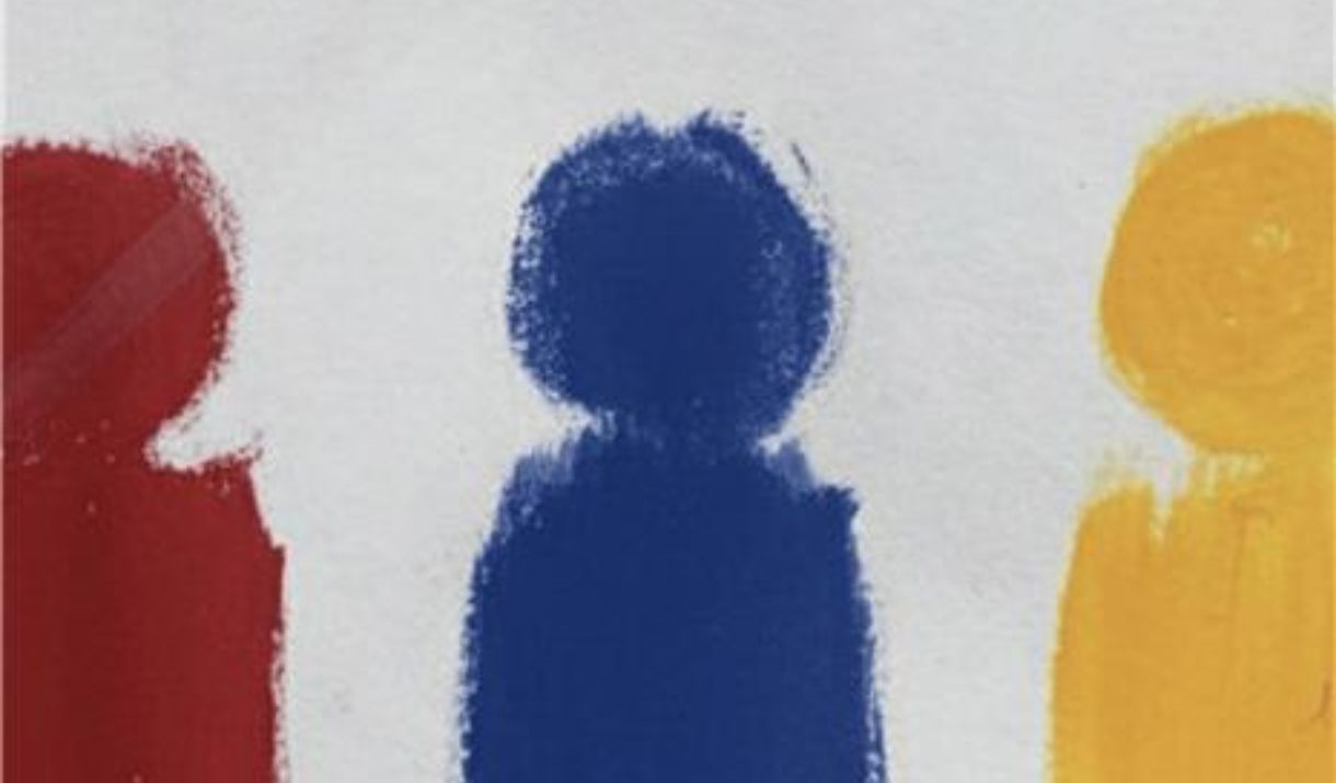 A white page with three figure silhouettes in the primary colours