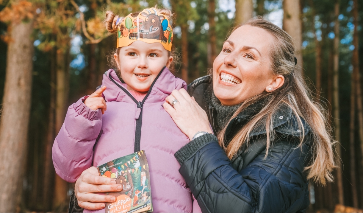 A mother and daughter at Westonbirt enjoying the Gruffalo trail