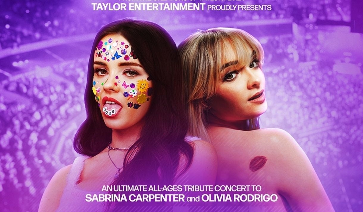A poster showing 2gilrs dressed as Olivia Rodrigo and Sebrina Carpenter with the test bitter sweet.