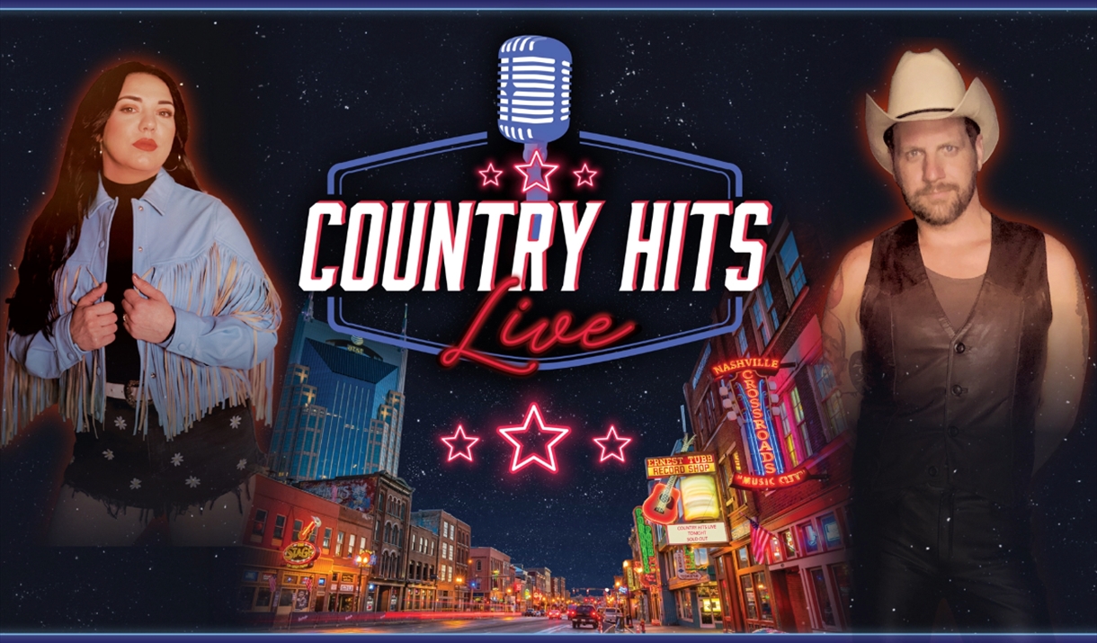 cutout photos of two country hits live performers sit on top of a busy nashville street scene