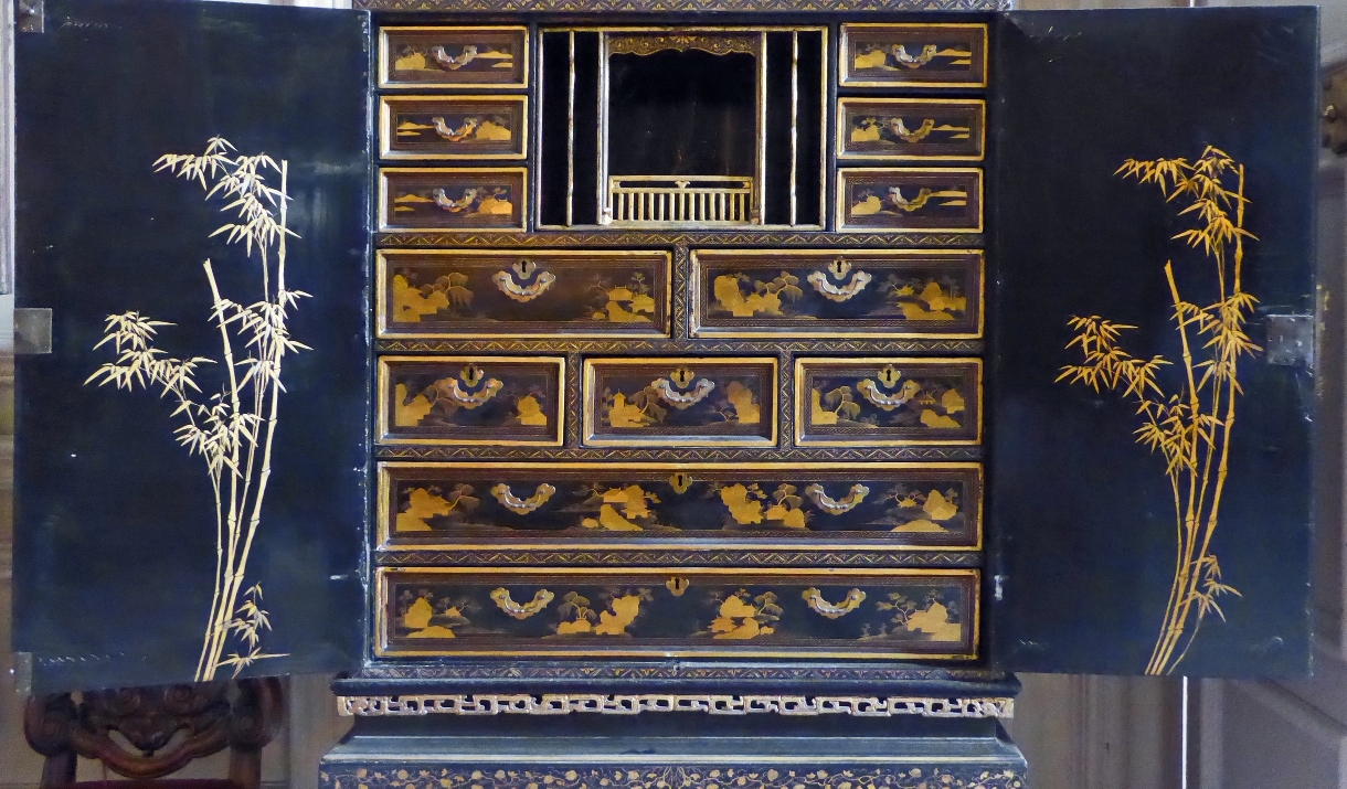 Close up of the inside of a lacquer cabinet