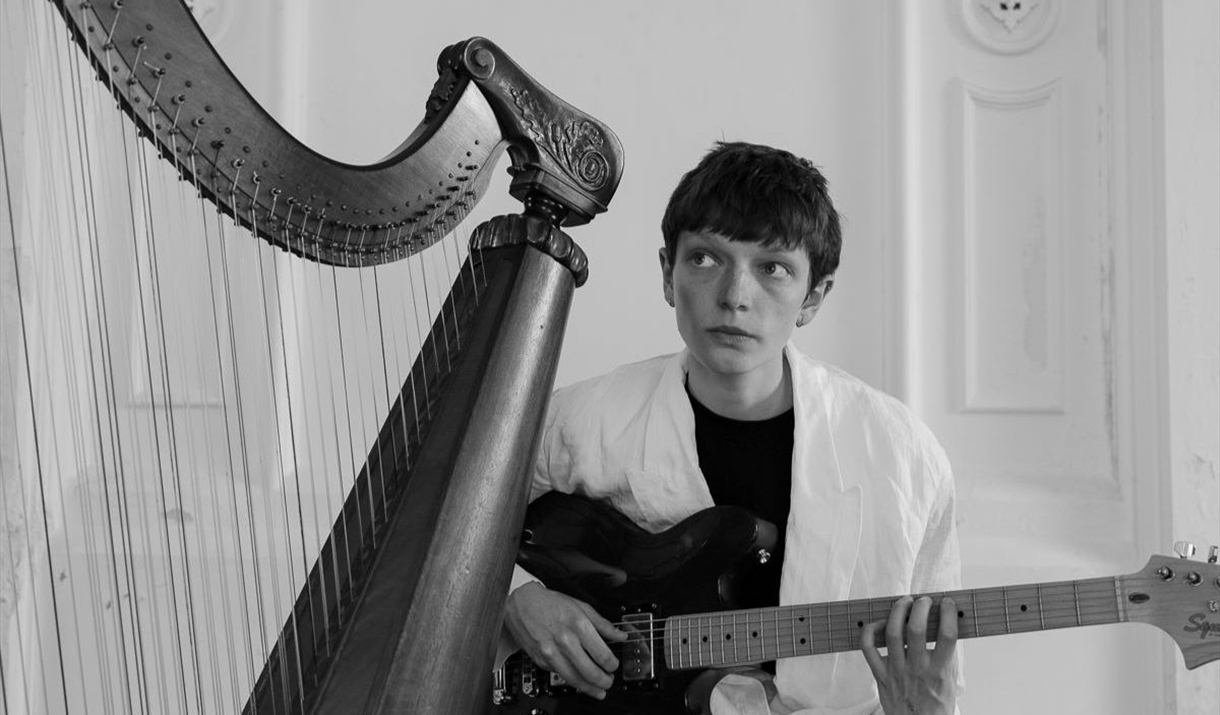 Woman playing an electric guitar, sitting next to a harp.