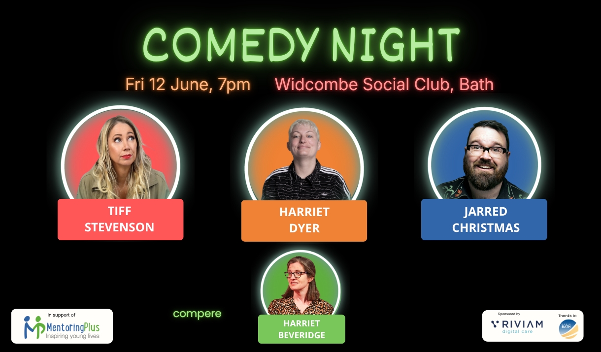 Comedy Night Poster with images of all three comedians and compere, Harriet Beveridge.