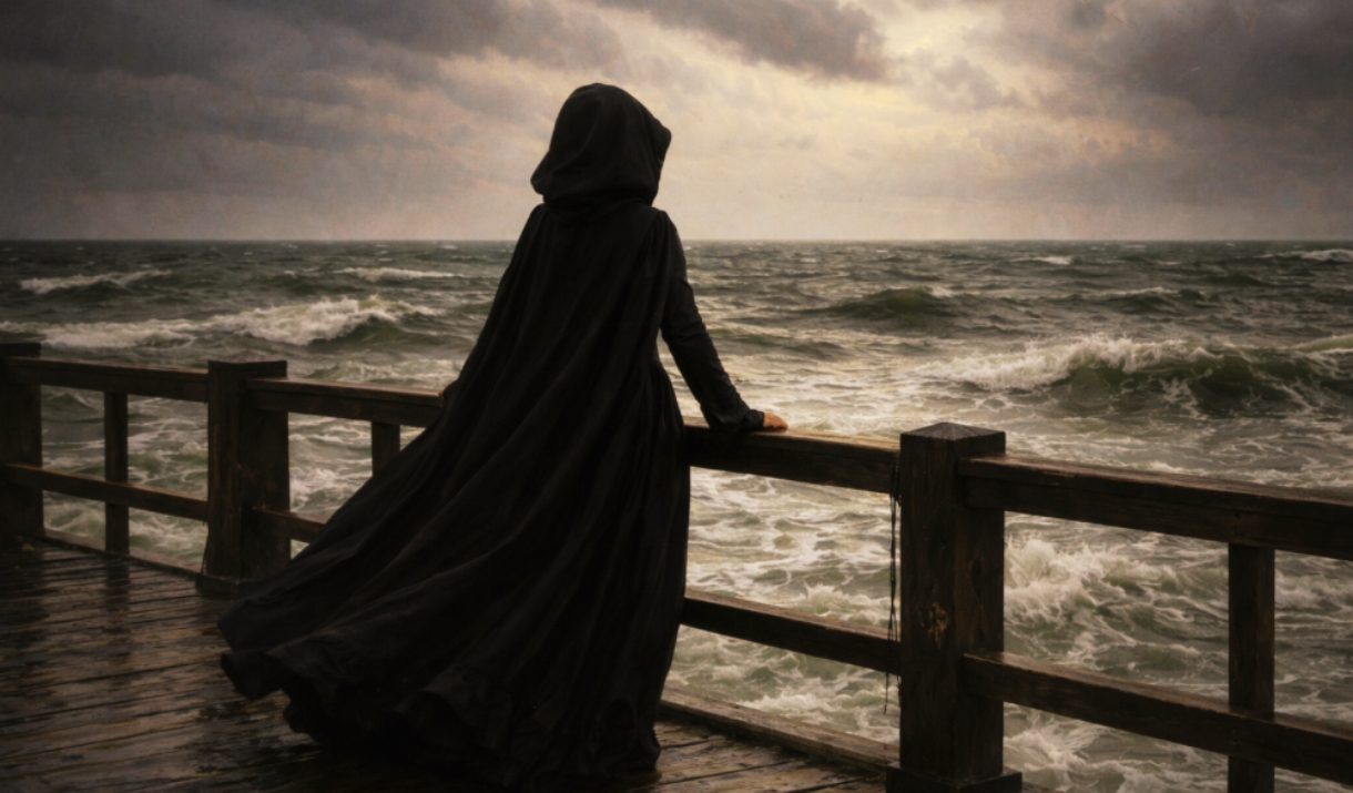 silhouette of woman by sea