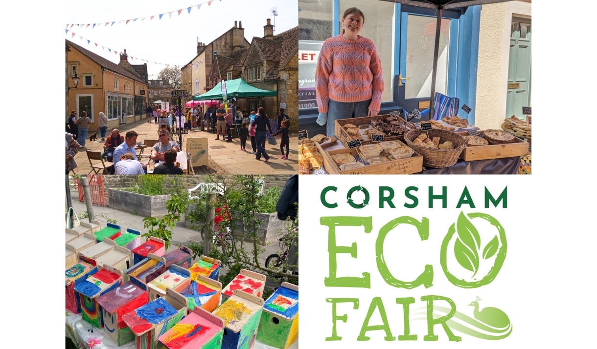 A collage of pictures including stalls set up on Corsaham High Street, colourful painted bird boxes on a table, and a market trader at a stall.
