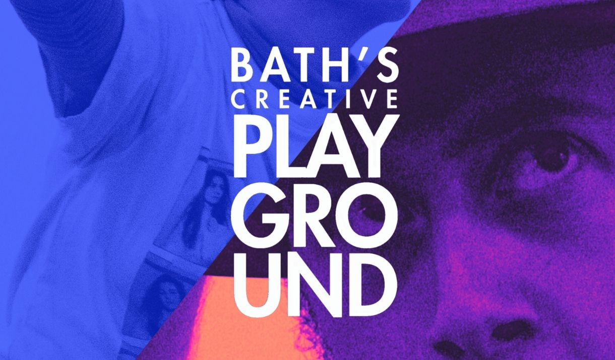 Two images of performers, with the Bath Creative Playground logo in the middle. Sparkfest logo in the top corner