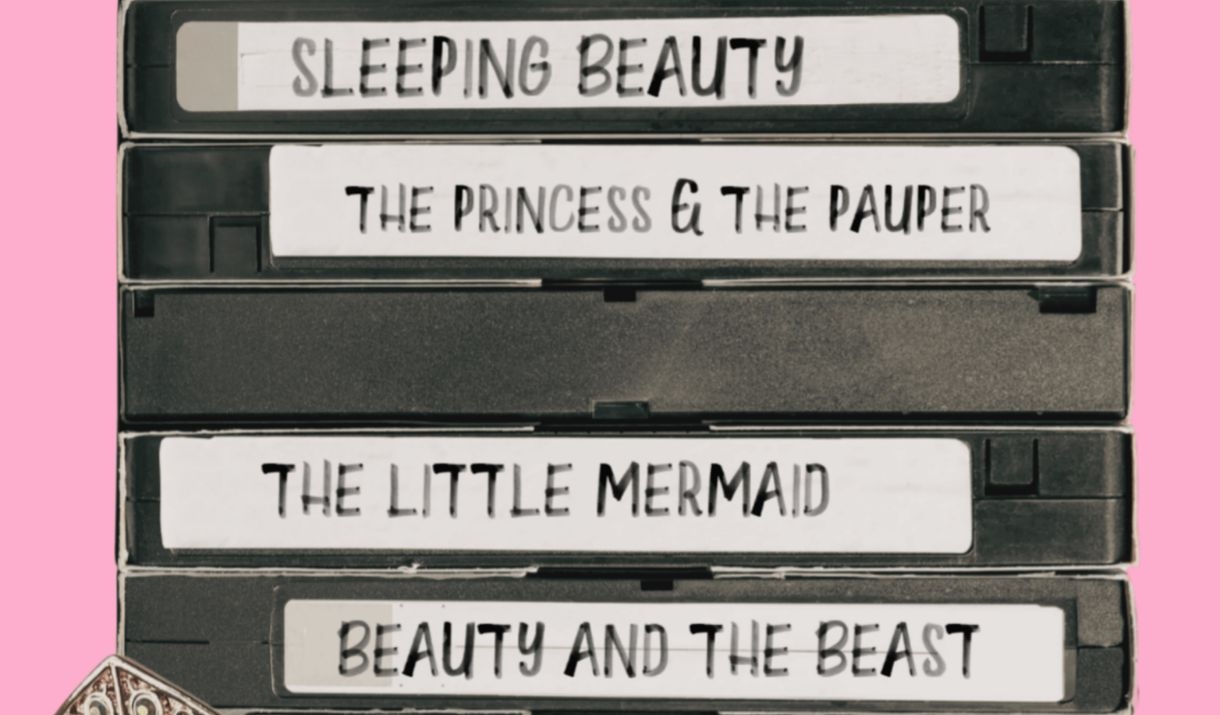 Against a pink background, a stack of VHS tapes all labeled with classic childhood princess films; in front of them is a tiara and microphone. Sparkfe
