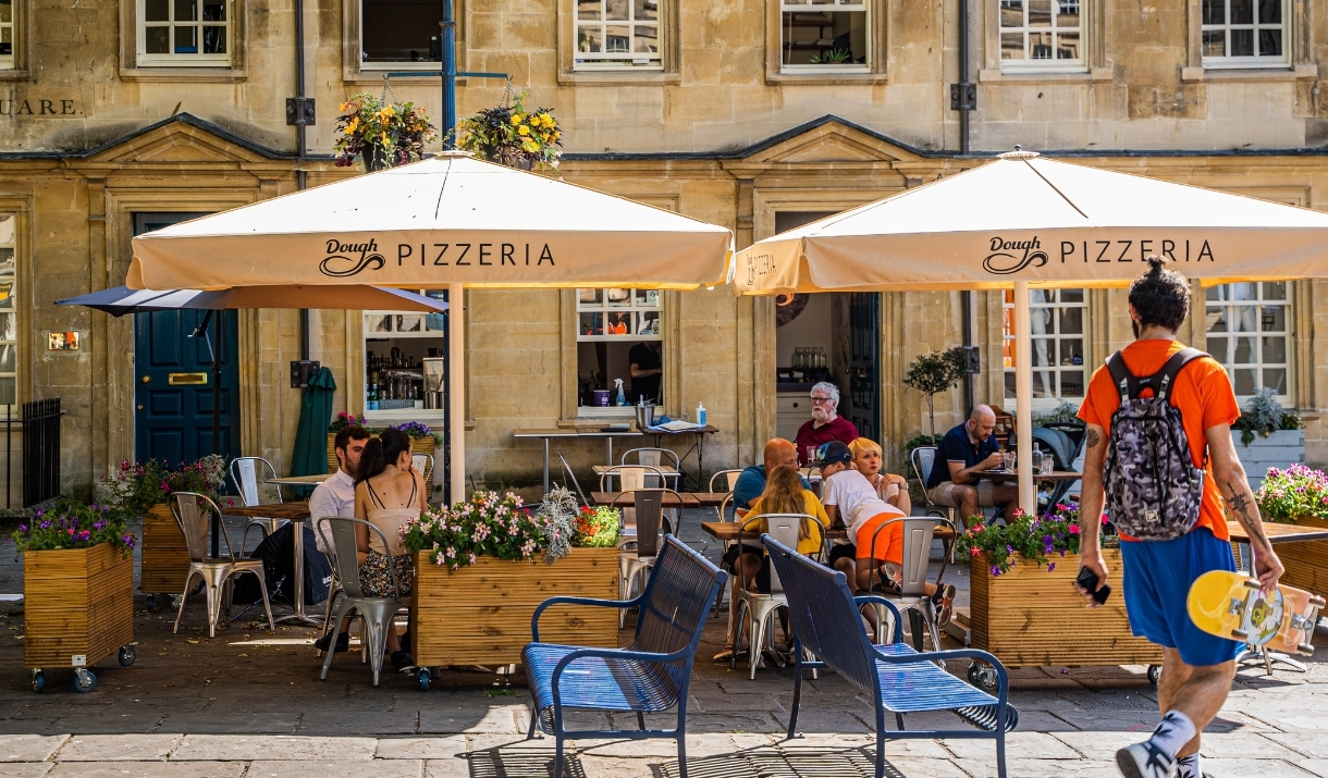 Exterior of the Dough restaurant on Kinsgmead Square in Bath