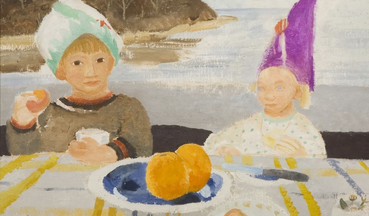 A painting of two children eating by the sea