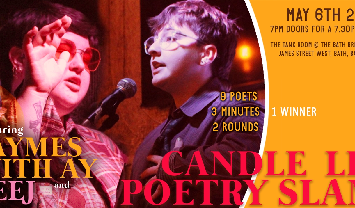 a pink and red poster with a yellow border featuring two people performing in front of microphones. Both have short hair and are wearing button up sh