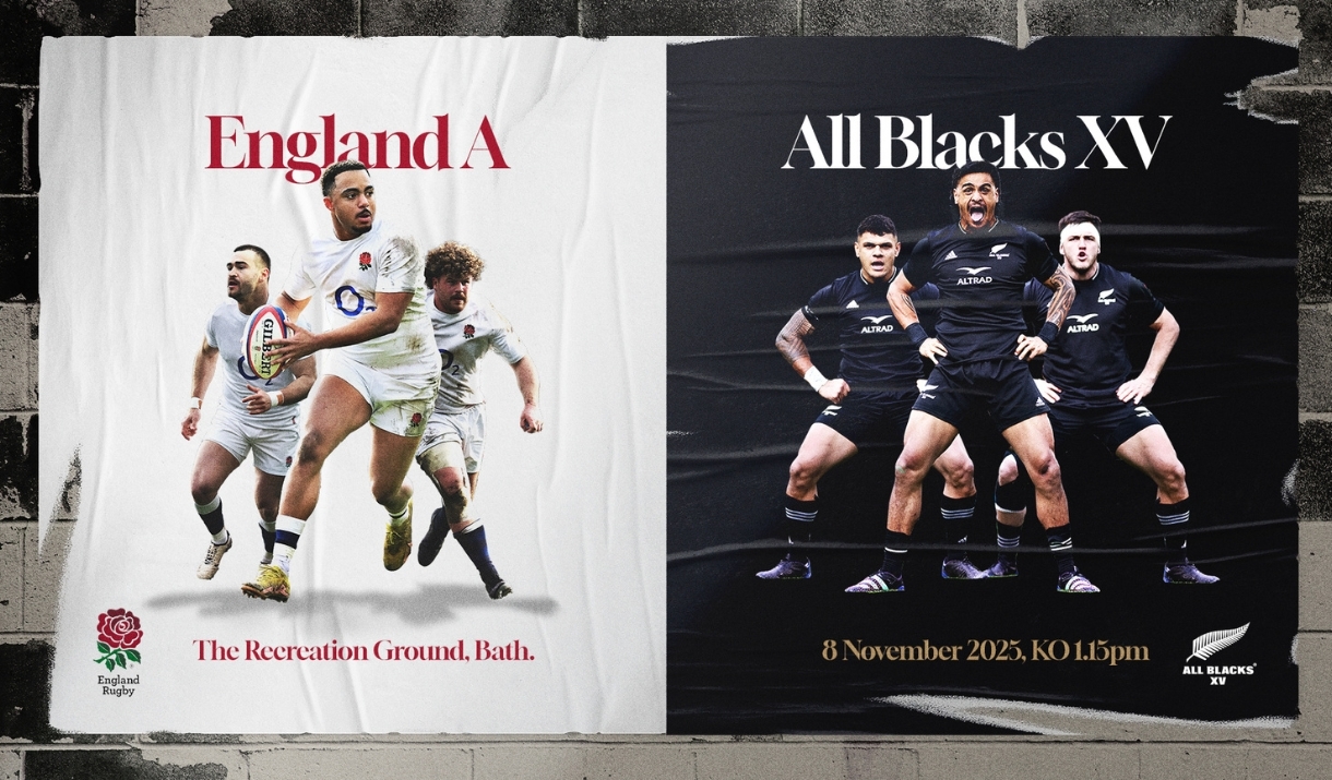 A poster featuring the England A & All Blacks XV men's rugby teams, promoting a match at The Recreation Ground in Bath.