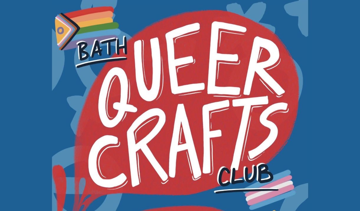 A bold graphic where a red bubble reads 'QUEER CRAFTS' in bold white font and 'BATH' and 'CLUB' written just on the edge. There is an intersex progres