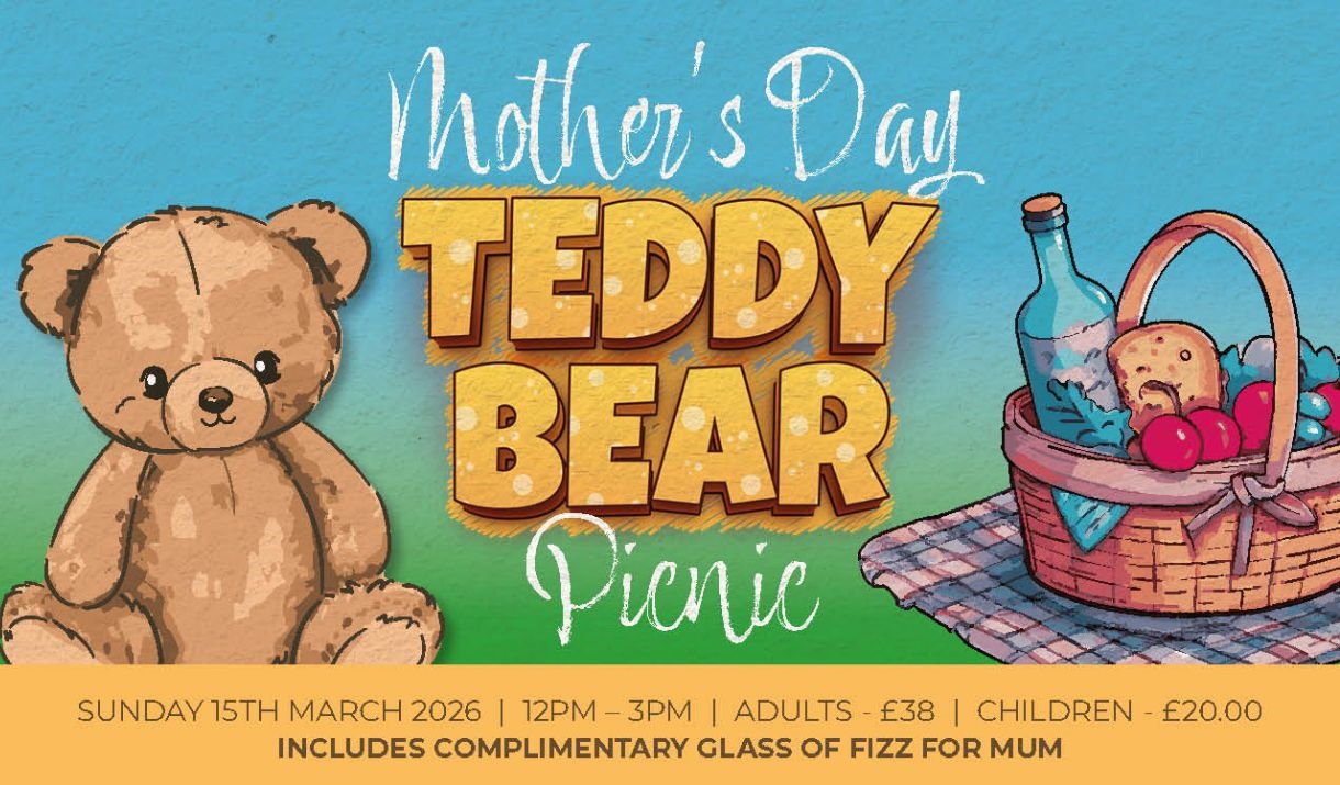 A poster featuring an illustration of a teddy bear and a picnic hamper