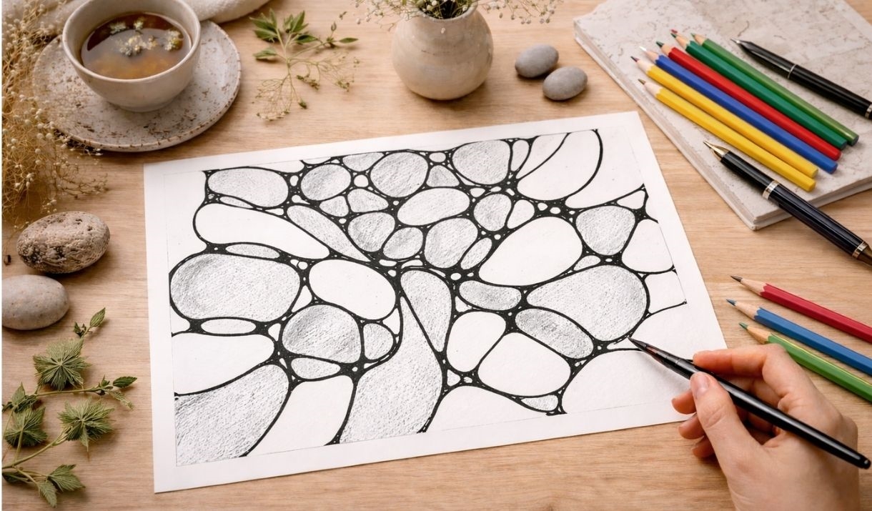 A picture of a table top with a cup of herbal tea, a plant, some botanicals and stones alongside a pencil drawing of some organic shapes with some col