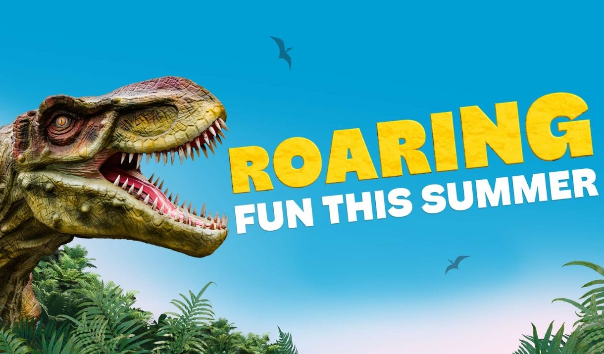 dinosaur on blue background with 'roaring fun this summer' in text
