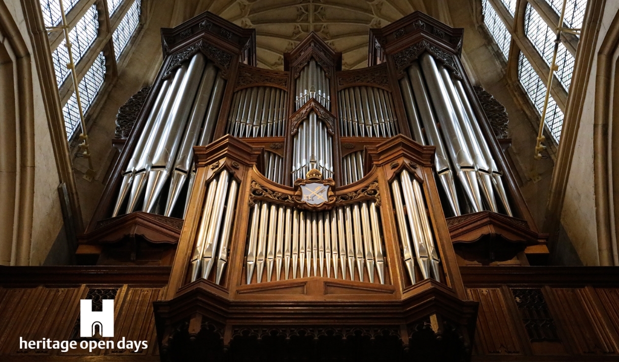 Bath Abbey's Klais Organ with white Heritage Open Days logo in bottom left corner