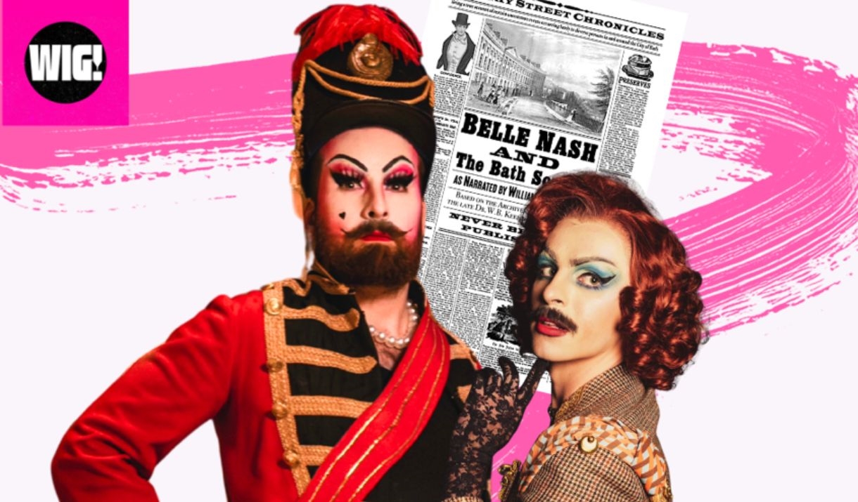 2 Drag queens stand in front of a historic type newspaper, with pink swirls surrounding them.