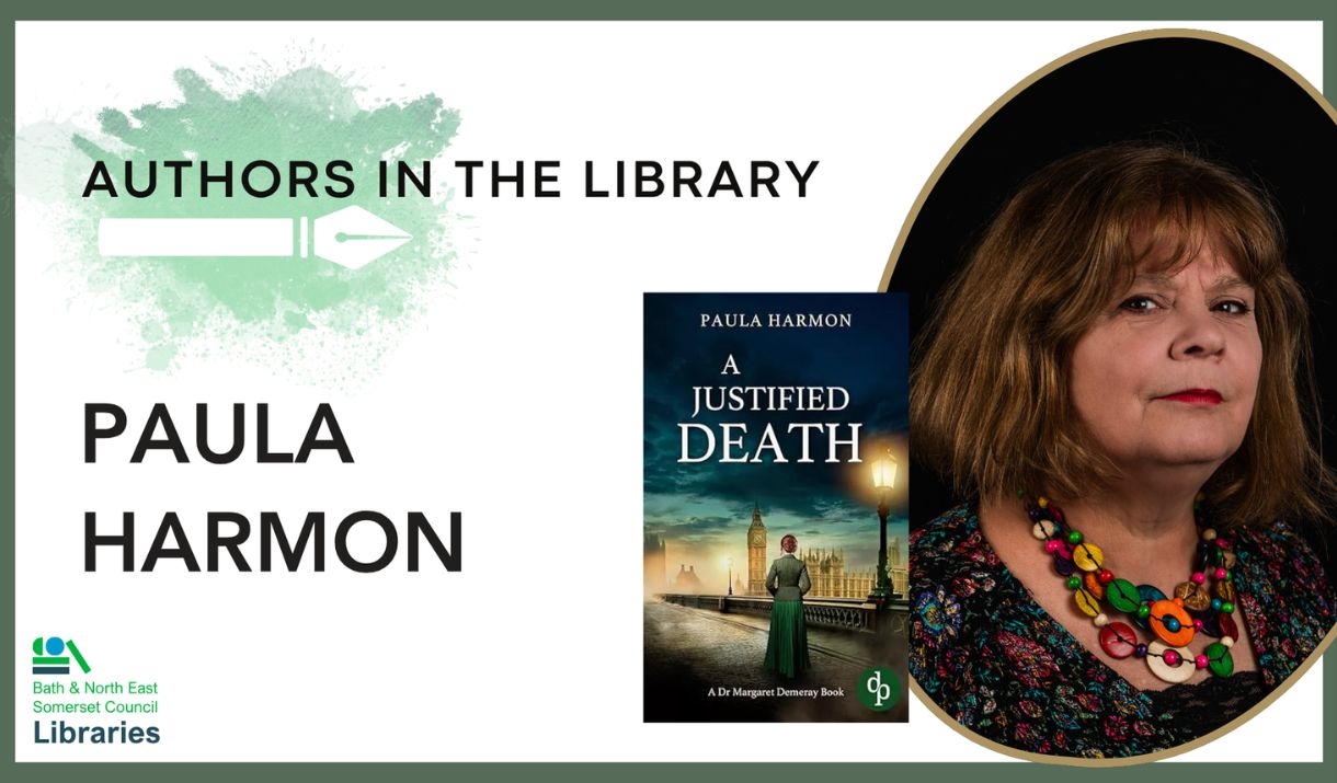 Photo of auburn haired woman, author Paula Harmon, alongside a book cover 'a Justified Death' showing a Victorian woman in London.