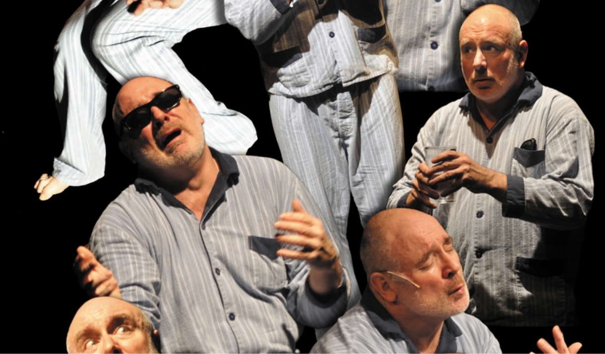 There's a collection of images in various emotional stages in front of a black background. He wears pyjama type clothing.