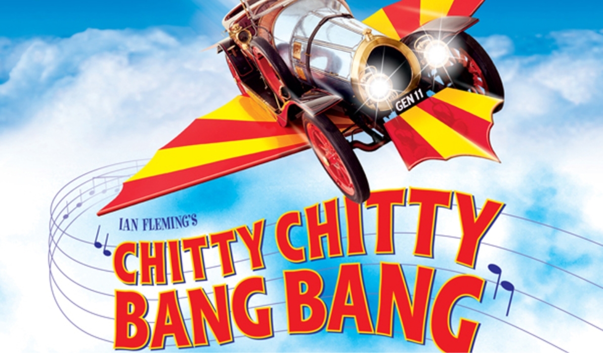 The whimsical car flies into the sky, with the words 'CHITTY CHITTY BANG BANG' overlayed.