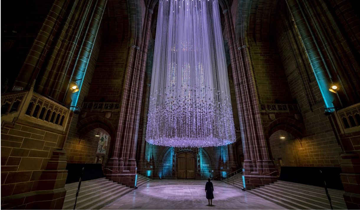 Peace Doves by Peter Walker Sculptor at Liverpool Cathedral, 10,000 paper doves hung from the crossing ceiling