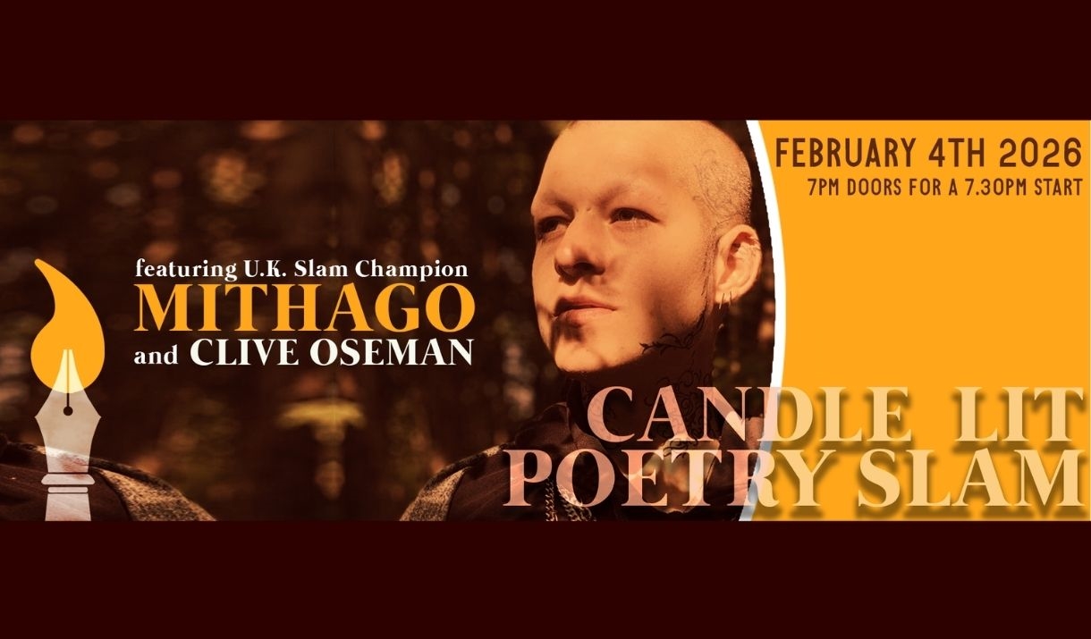 Image alt text: an orange, brown and yellow poster featuring a tattooed person wearing many chains and safety pins as a necklace with a bald head is g