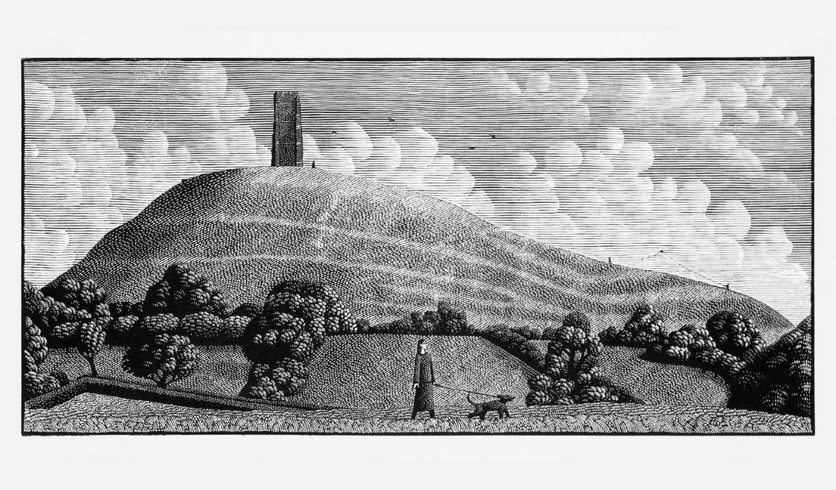 Black and white print of Glastonbury Tor from a distance.