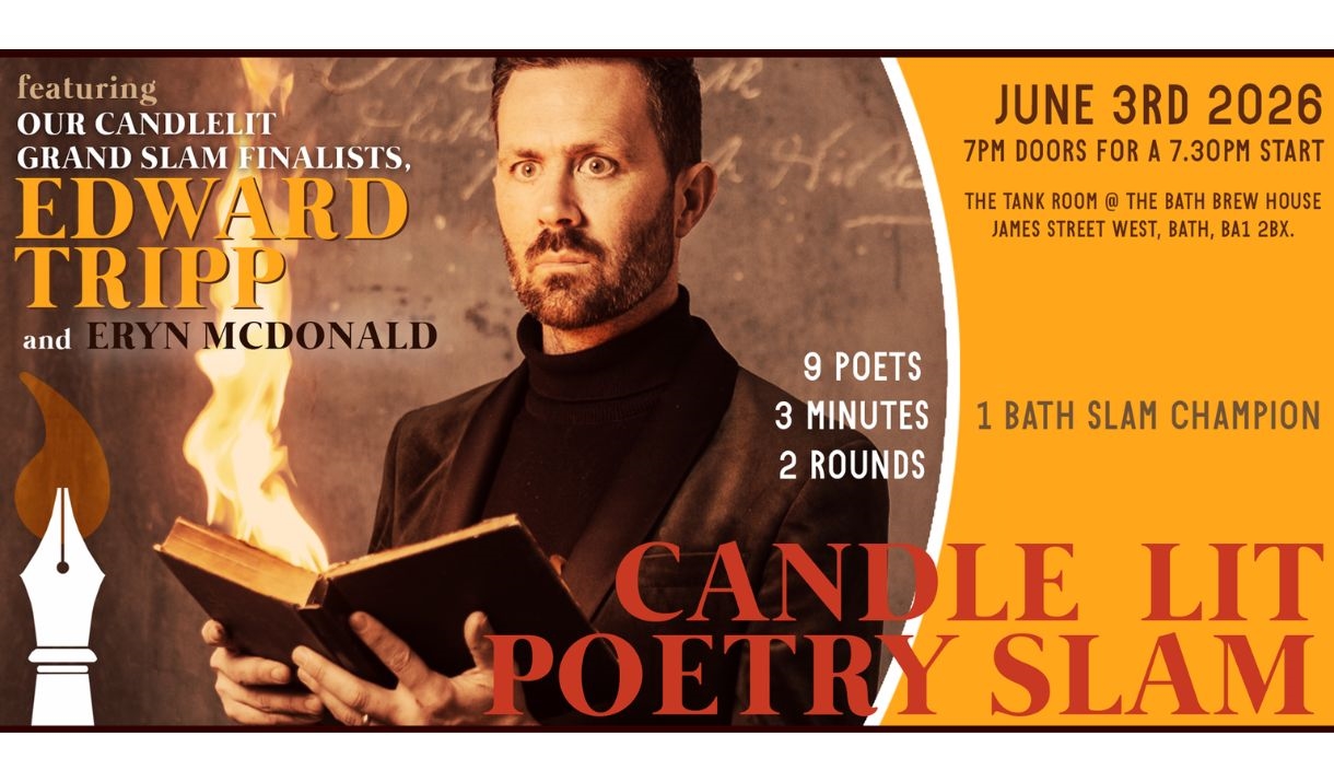 Brown and yellow poster with a yellow border featuring a startled looking dark haired man wearing black clothes and a high collar hold