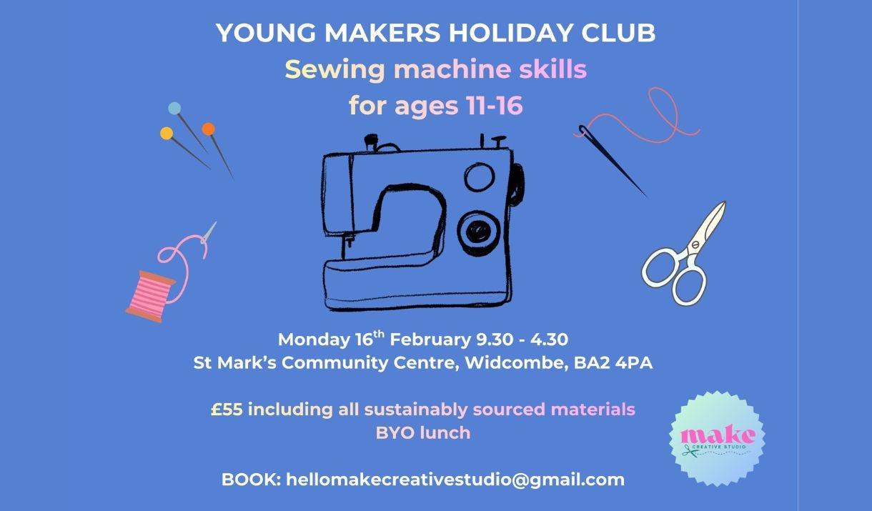 Image of written details of club with sewing machine graphic