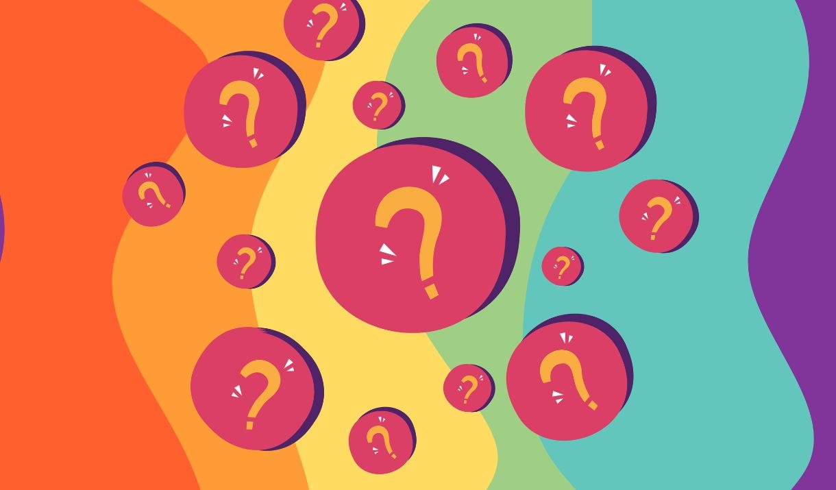 Rainbow background, quiz question marks in bubbles