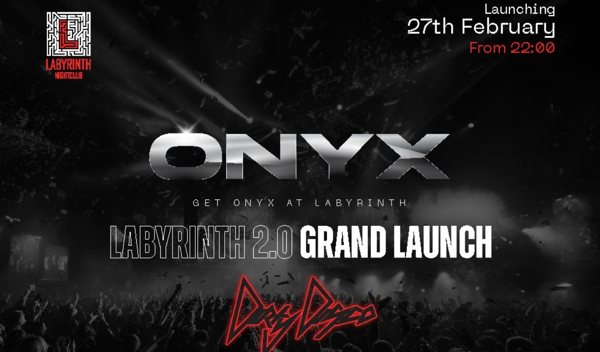 Labyrinth Nightclub relaunch information. A black background with a sleek logo. Includes the Dirty Disco branding too.