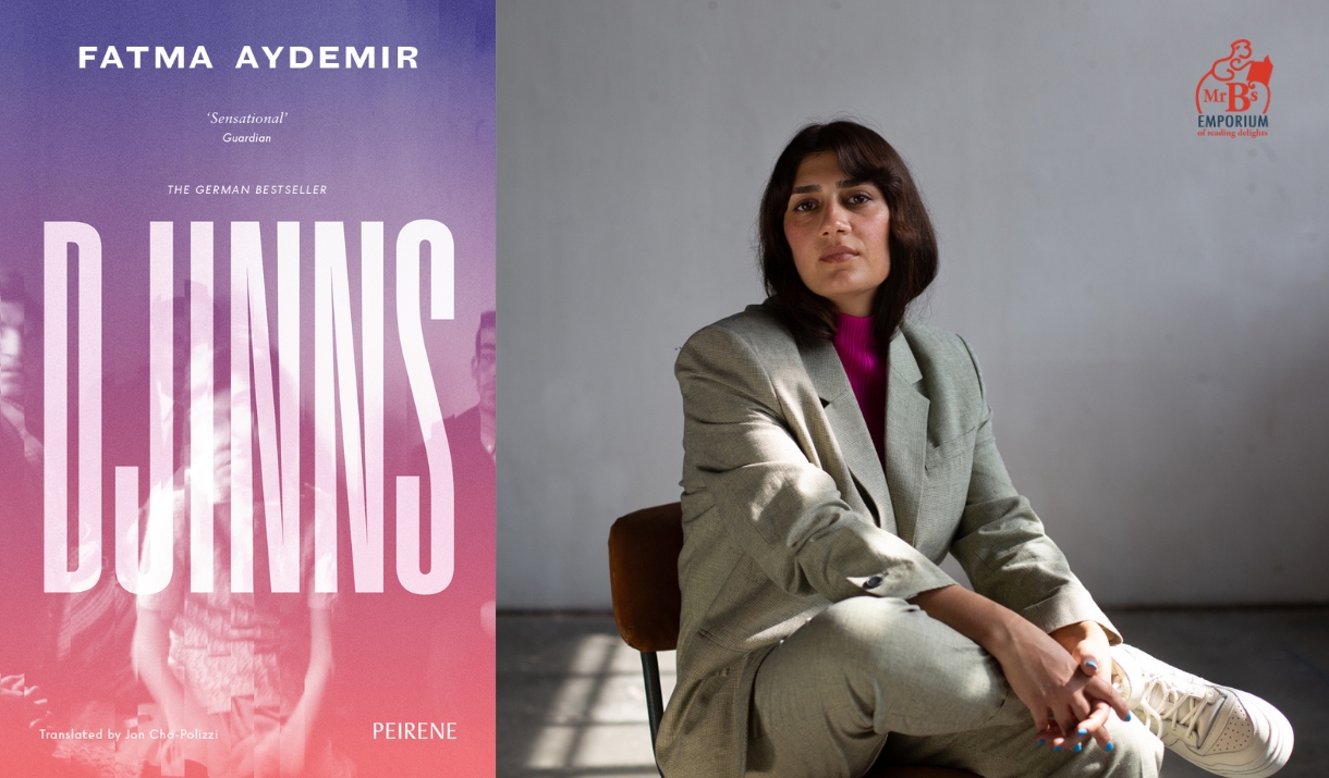 Fatma Aydemir sat in a chair cross legged and looking elegant and self assured and a picture of her second novel, Djinns, translated from German by Pe