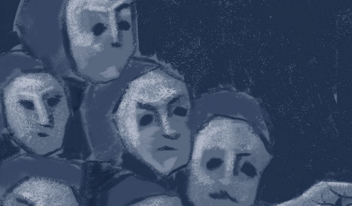 A set of charcoal sketched faces against a slate grey background. Sparkfest logo in  top corner